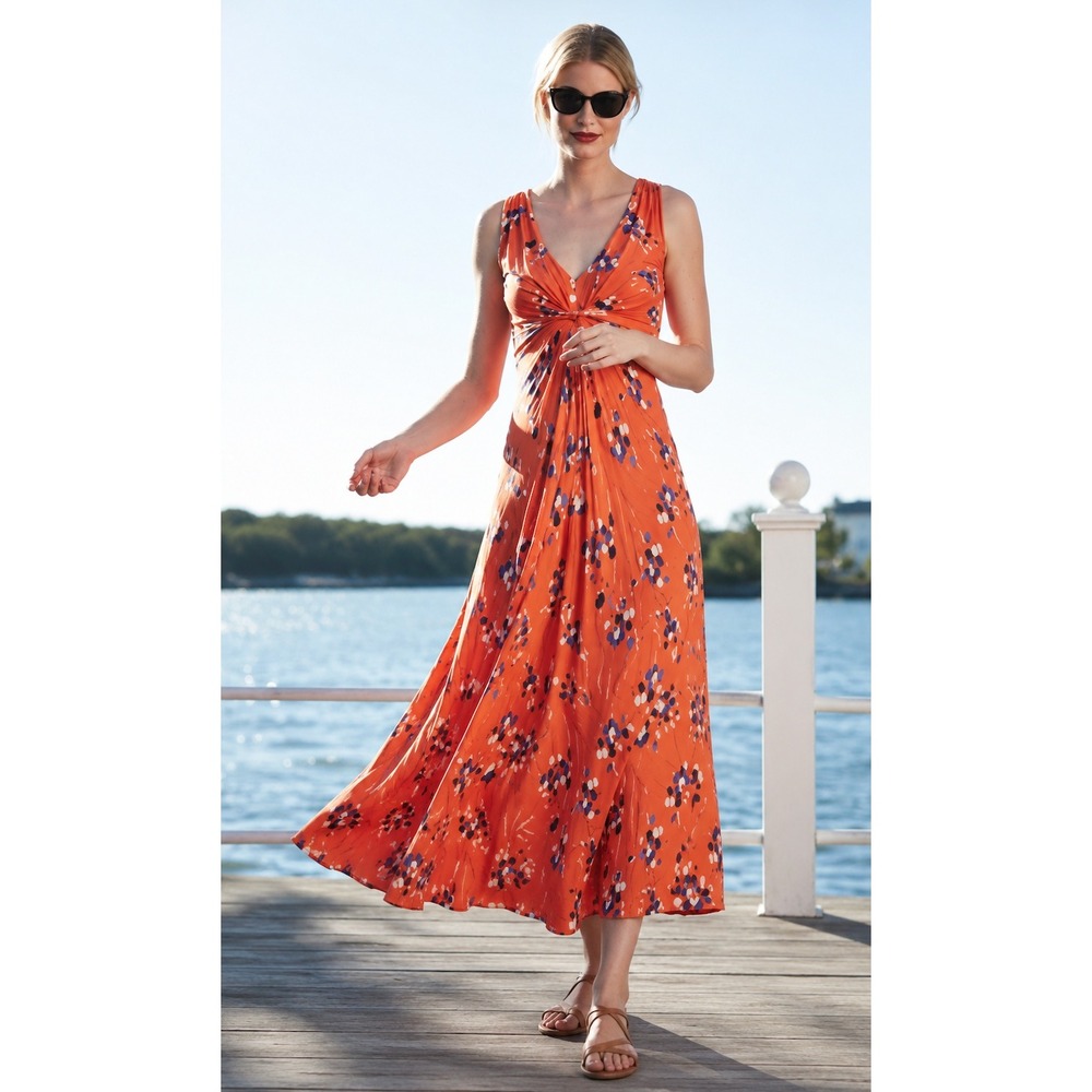 Boden Floral Twist Front Midi‎ Dress Orange Jersey Cottagecore Size 8R